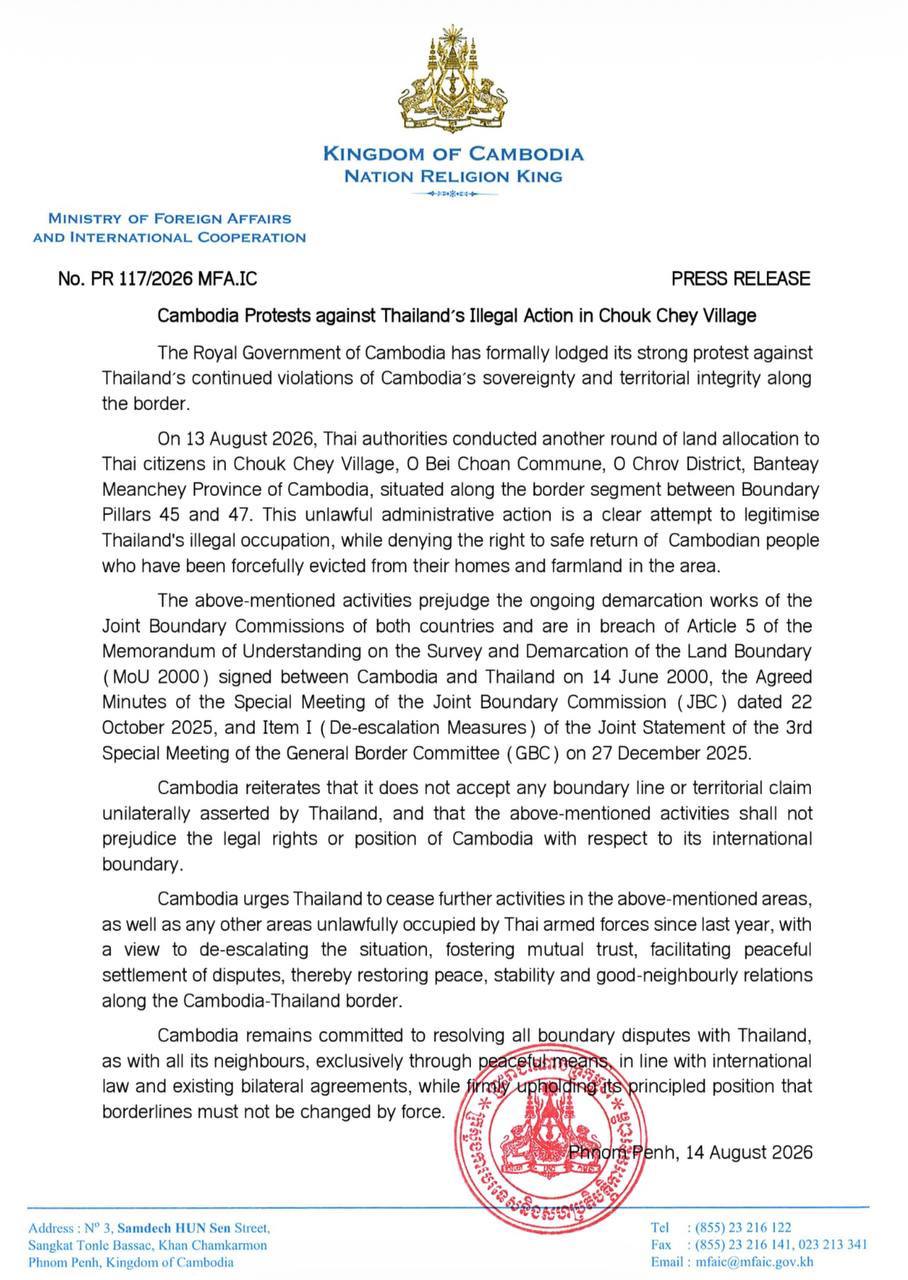 Cambodia Protests Thailand’s Land Allocation Action in Chouk Chey Village
